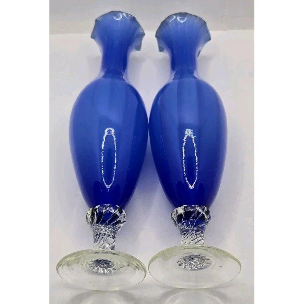 Hand Blown Murano Art Cobalt Blue Encased Opulescent Ruffled Swirl Glass Vase